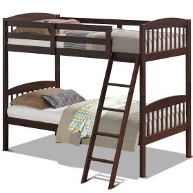 Bunk Bed With Ladder In Dark Brown Finish Wooden Twin Over Twin