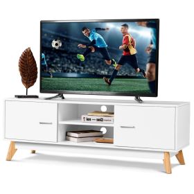 Entertainment Center TV Stand in White Wood Finish Mid-Century Style