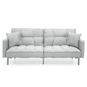 Convertible Linen Tufted Futon w/ 2 Pillows Plush Gray Split-Back Design