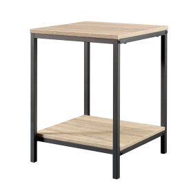 End Table with Oak Finish Wood Top and Bottom Shelf Modern Black Metal Frame
