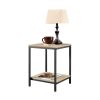 End Table with Oak Finish Wood Top and Bottom Shelf Modern Black Metal Frame