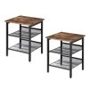 Side Table Nightstand with Medium Wood Finish Top and Mesh Shelves