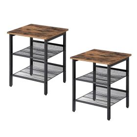 Side Table Nightstand with Medium Wood Finish Top and Mesh Shelves