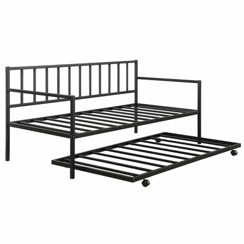 Daybed with Roll-out Trundle Bed Frame Twin size Black Metal