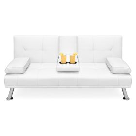 Convertible Sofa Futon with 2 Cup Holders White Faux Leather
