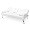 Convertible Sofa Futon with 2 Cup Holders White Faux Leather