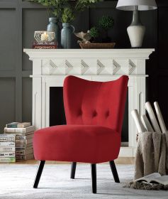 Accent Chair with Brown Finish Wood Legs Red Velvet Button-Tufted Back