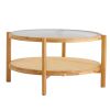 Modern simple circular double-layer solid wood tea table rattan woven Chinese side table small round table suitable for living room, dining room and b